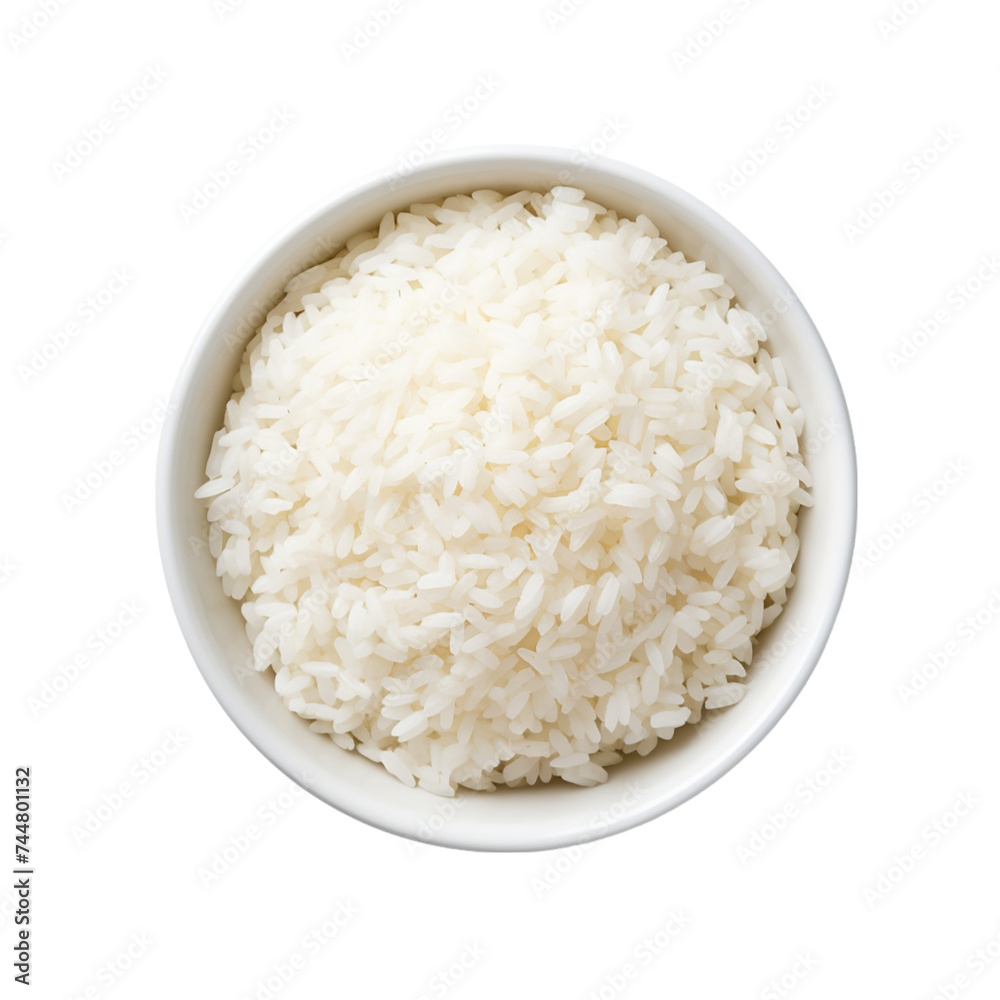 Cooked Rice in a white bowl. Isolated on a transparent background.