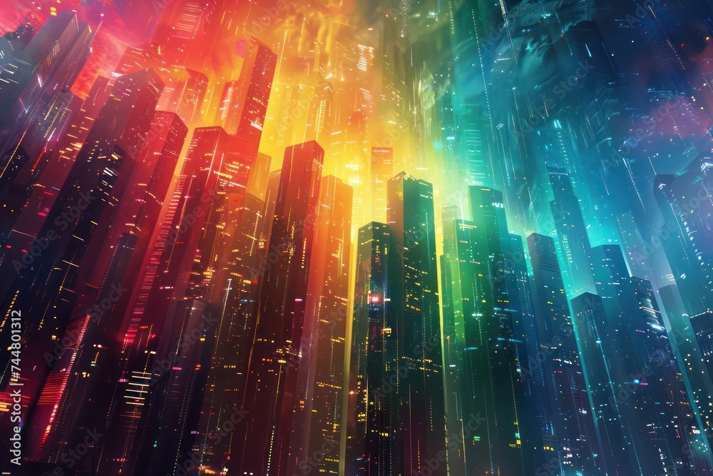 A futuristic cityscape rendered in a rainbow of colors with advanced technology elements