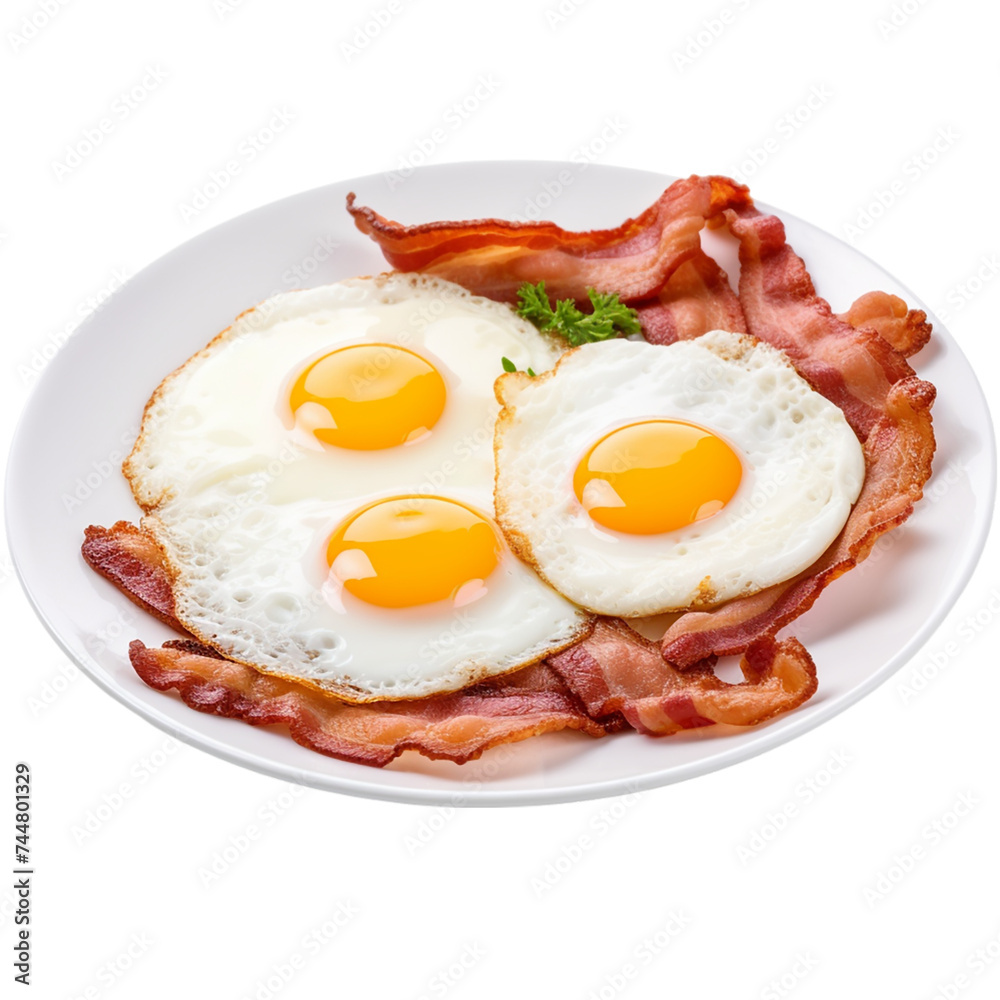 Fried eggs with bacon on a plate, isolated on a transparent background, top view Fried eggs with bacon on a plate, isolated on a transparent background, top view