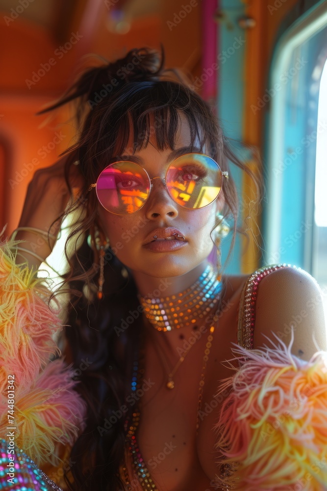 Obraz premium Portrait of a beautiful brunette girl with bright make-up and carnival glasses.
