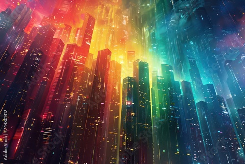 A futuristic cityscape rendered in a rainbow of colors with advanced technology elements