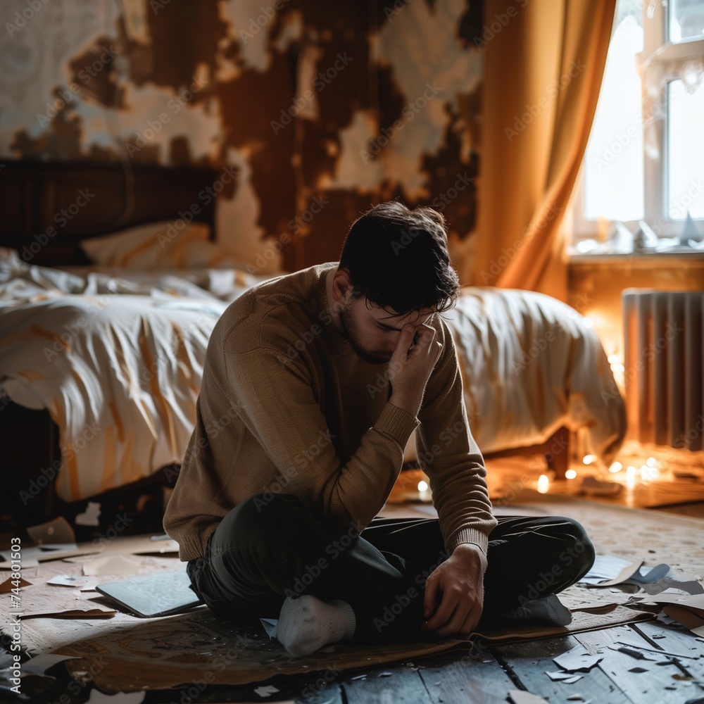 A Man Sits Cross-Legged with His Head in His Hands in a Messy Bedroom - Mental Health Awareness