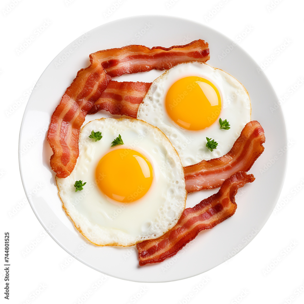 Fried eggs with bacon on a plate, isolated on a transparent background, top view Fried eggs with bacon on a plate, isolated on a transparent background, top view