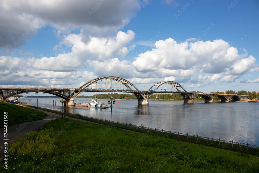 The bridge in Rybinsk across the Volga River during repairs on an autumn day.