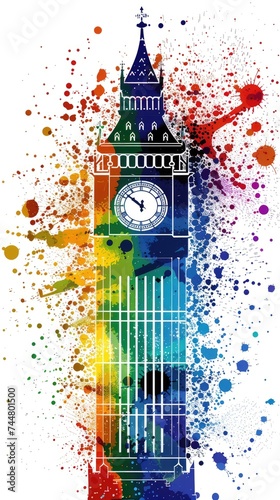 Watercolor clock tower Big Ben in London. Postcard with the symbol of Great Britain