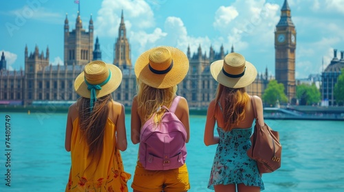Three women stand by water in London wearing sun hats photo