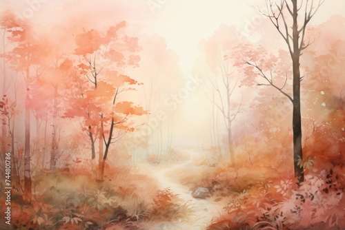Watercolor Soft Autumn Hues Forest Pathway - Gentle watercolor painting of a forest trail in autumn, inviting and serene