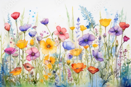 Serene Floral Watercolor - Tranquil watercolor depiction of a field of wildflowers in a calm color palette.