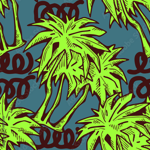 Tropical seamless pattern with palm leaves and tree. Holiday vocation theme for fabric print, textile design, fashion party invitation, luxury life style. Hand drawn cartoon line illustration.