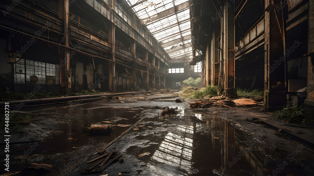  abandoned steel plant with puddles in the middle