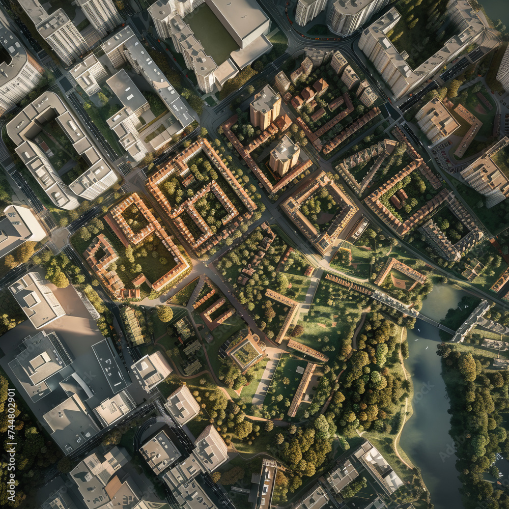 Fototapeta premium Nature and Culture Background. City Background. Aerial View of City Development. 