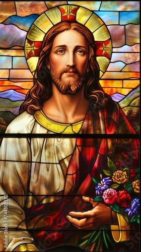 Stained glass art of Jesus Christ #744803332