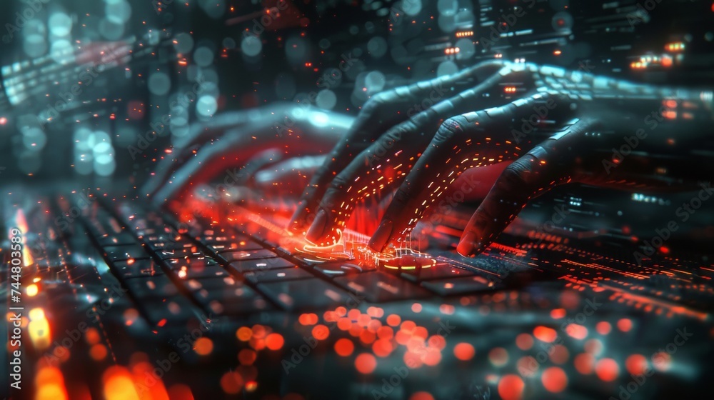 Graphic depiction of a person's typing rhythm and keystroke patterns being analyzed by a biometric keystroke dynamics system for user authentication