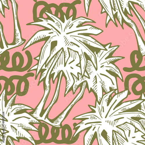 Tropical seamless pattern with palm leaves and tree. Holiday vocation theme for fabric print, textile design, fashion party invitation, luxury life style. Hand drawn cartoon line illustration.