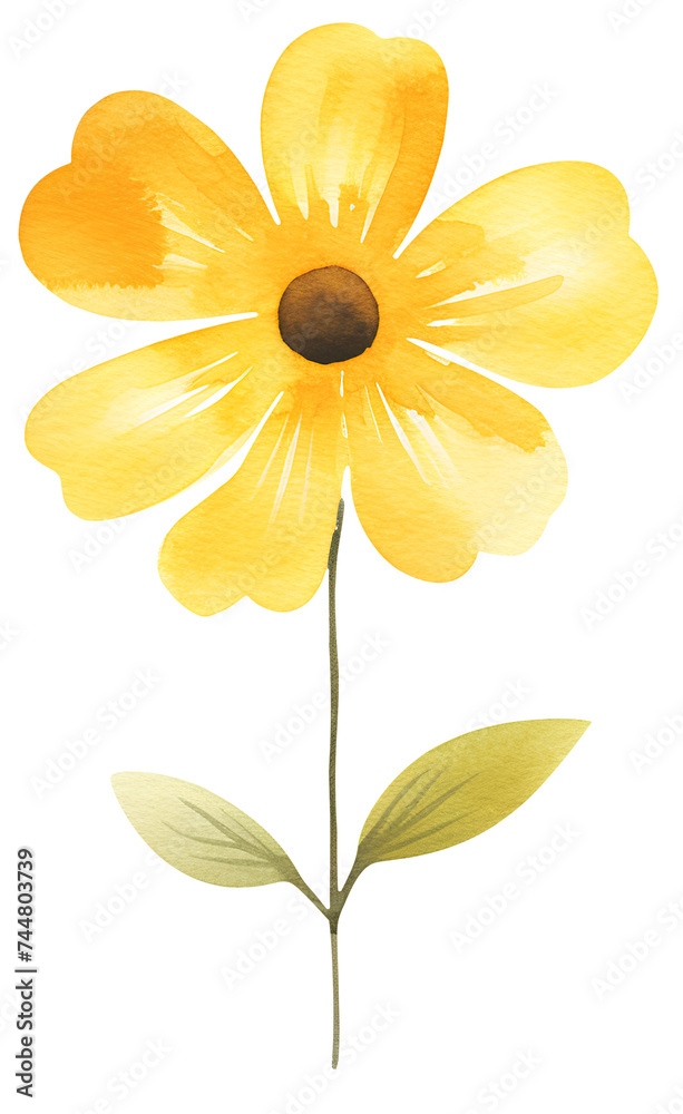 Fototapeta premium Watercolor illustration of a cartoon yellow flower. Transparent background, png