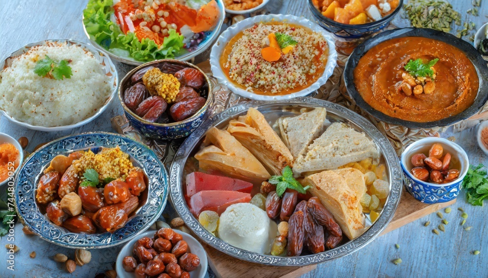 Arab Cuisine- Ramadan Kareem greeting photo Middle Eastern Suhoor or iftar meal