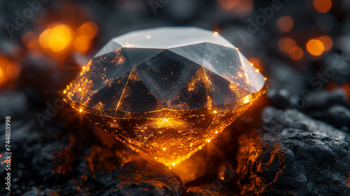 A surreal landscape where black and orange diamonds float ethereally, their facets catching light, casting vibrant glows against a shadowy backdrop.