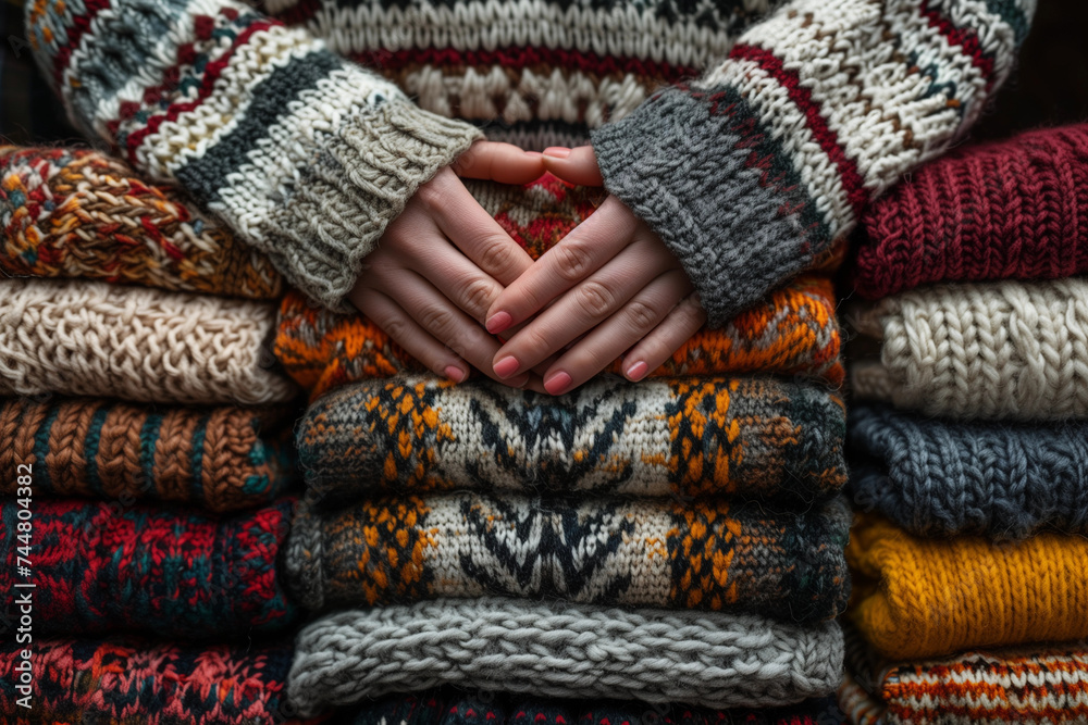 Stack of warm nordic colors sweaters, holding in woman hands.