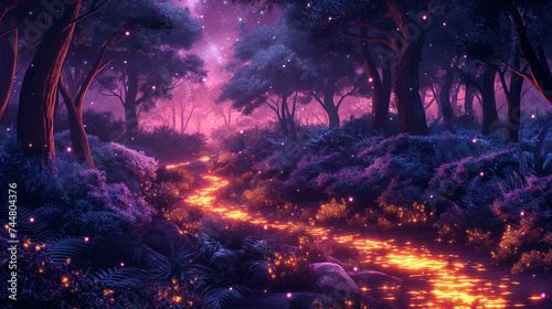 A mystical purple forest emerges from the realm of dreams, with towering trees bathed in a surreal violet hue, casting an enchanting spell over the ethereal landscape. © Alex