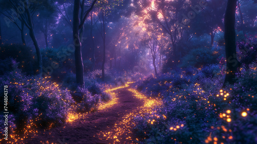 A mystical purple forest emerges from the realm of dreams, with towering trees bathed in a surreal violet hue, casting an enchanting spell over the ethereal landscape.