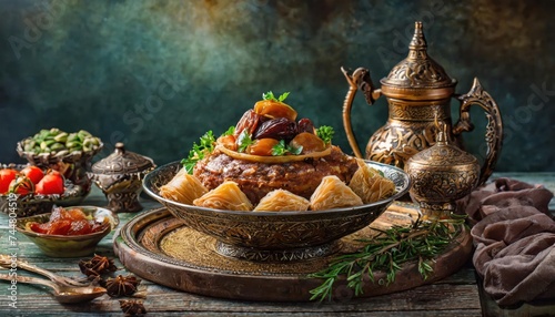 Arab Cuisine- Ramadan Kareem greeting photo Middle Eastern Suhoor or iftar meal