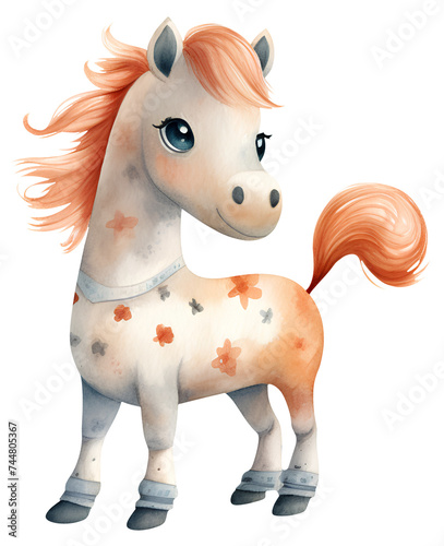 Watercolor illustration of a cute cartoon horse  pony. Cute animals. Transparent background  png