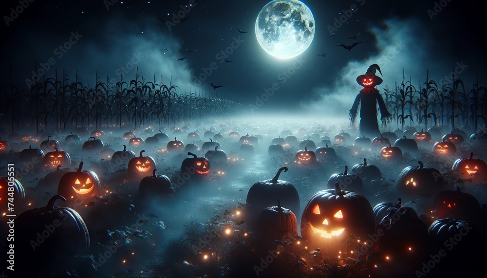 Spooky Halloween Pumpkin Patch with Witch and Misty Moonlight Spooky Halloween Pumpkin Patch with Witch and Misty Moonlight