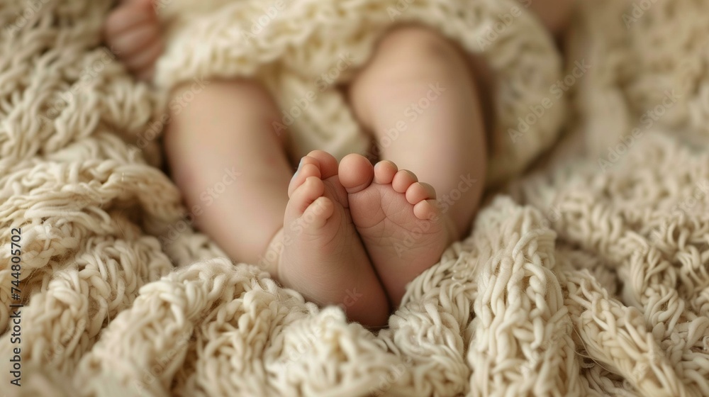 Infant's Tiny Feet Snuggled in Soft Knitted Blanket Infant's Tiny Feet Snuggled in Soft Knitted Blanket