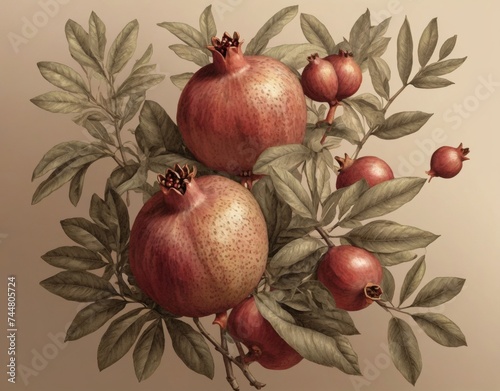 Pomegranate Elegance: A seamless fruit pattern featuring the timeless beauty of pomegranates and leaves in a vintage botanical illustration. photo