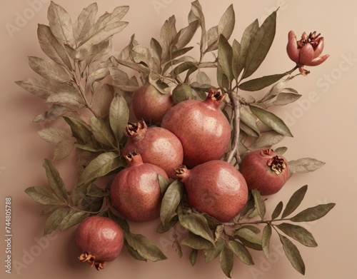 A seamless fruit pattern featuring the elegance of pomegranates and leaves, evoking vintage botanical illustrations.