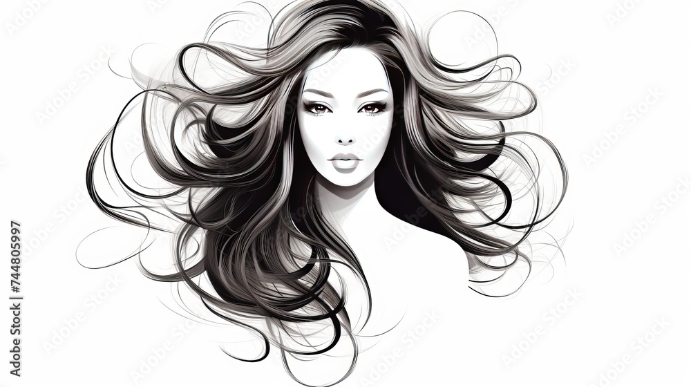 Beautiful girl with long thick wavy hair isolated on white. Beauty salon icon. Abstract lines hair. Vector stock illustration