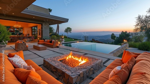 Luxury Outdoor Living Space with Fire Pit and Sunset View