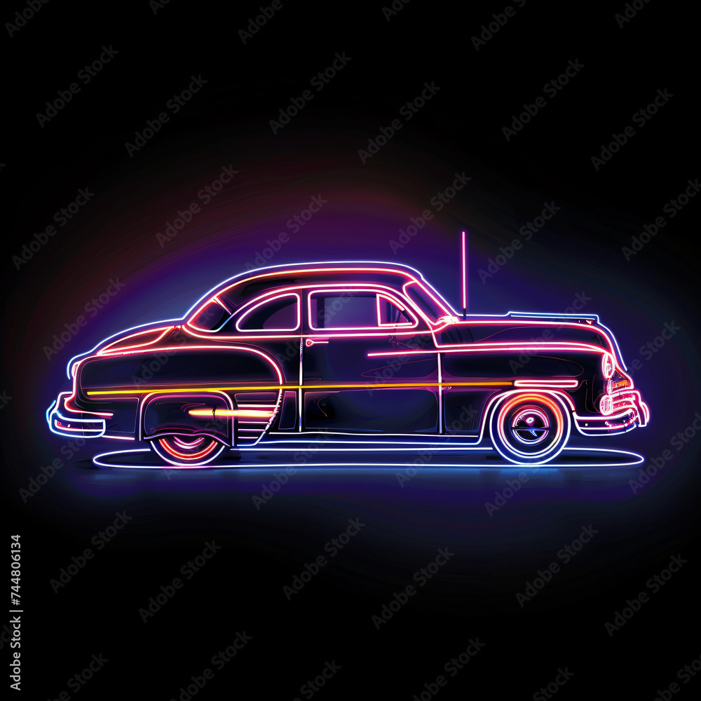 Old school classic car Neon Line Art Logo on Black Background car, auto, automobile, vehicle, transport, sport, luxury, vintage, classic, 3d, wheel, design, transportation, red, sports, speed, model, 