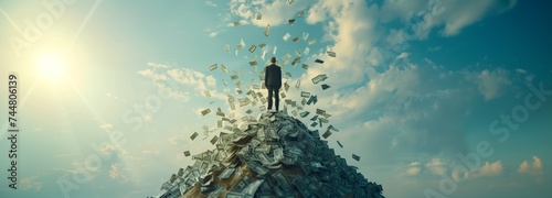A man stands atop a mound of money under a cloudy sky photo