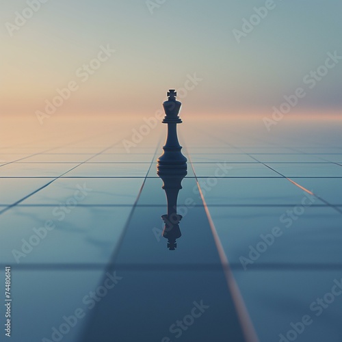 Single Chess King on Reflective Surface Strategy Concept