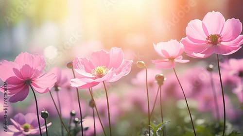 Beautiful pink flower anemones fresh spring morning on nature and fluttering butterfly on soft green background, macro. Spring template, elegant amazing artistic image, free space © Shabnam