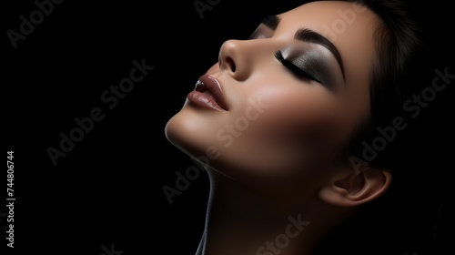 Beauty woman face closeup isolated on black background. Beautiful model girl makeup. Gorgeous lady with closed eyes. perfect skin