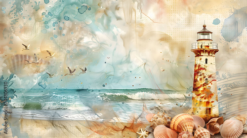 Wallpaper Mural Vintage wallpaper with a lighthouse at the sea, some shells, collage, AI generated illustration Torontodigital.ca