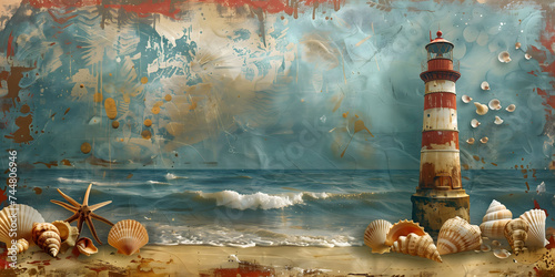 Vintage wallpaper with a lighthouse at the sea, some shells, collage, AI generated illustration © Guga