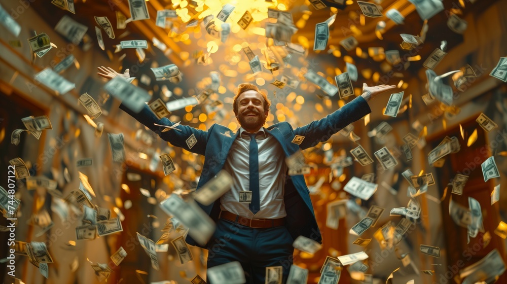 A man in a suit and tie surrounded by money, a visual arts event