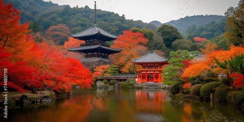 Tranquil Japanese Garden with Autumn Foliage and Pagoda