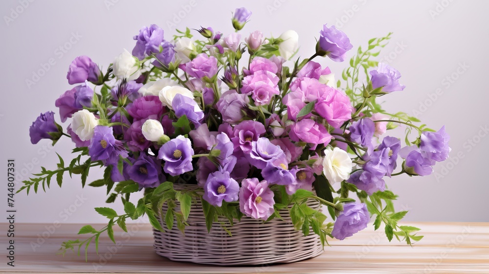 Bouquet of eustoma flowers in wicker vase, isolated on white Bouquet of eustoma flowers in wicker vase, isolated on white