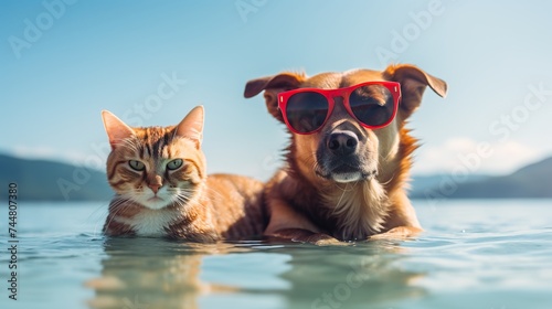 Cat and dog wearing sunglasses relaxing in the sea . Red cat eats watermelon and dog eats ice cream