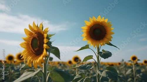 Field of blooming sunflowers under the clear blue sky or background