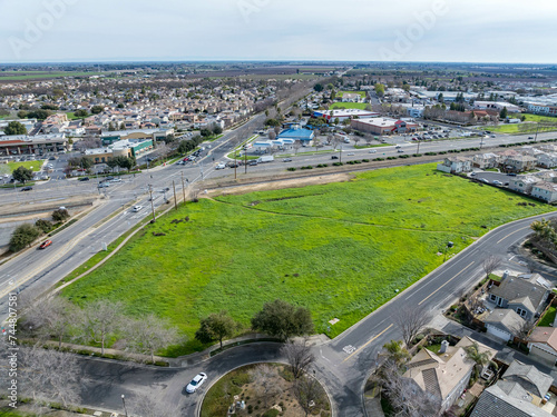 Drone photos over vacant land in a community in a community in northern California. Green space vacant land. Commercial Real Estate