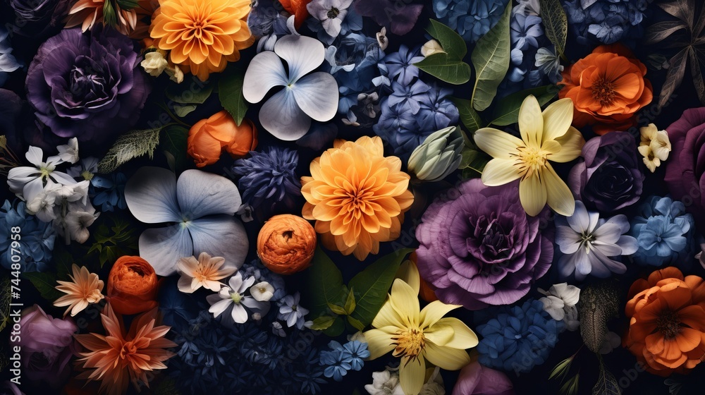 Creative layout made of flowers and leaves. Flat lay. Nature concept. Floral Greeting card. Colorful spring flower background, space for text. Nature Trendy Decorative Design Creative layout made of flowers and leaves. Flat lay. Nature concept. Floral Greeting card. Colorful spring flower background, space for text. Nature Trendy Decorative Design