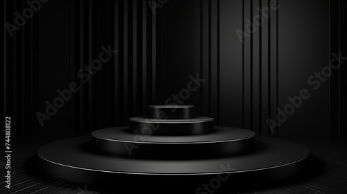 Dark black 3d background with geometric shapes, podium on the floor. Platforms for product presentation, background. Abstract composition design, showcase product is black , copy space
