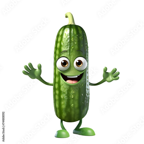 Cucumber mascot. Playful 3D humanized cucumber with a beautiful smile. AI image.
