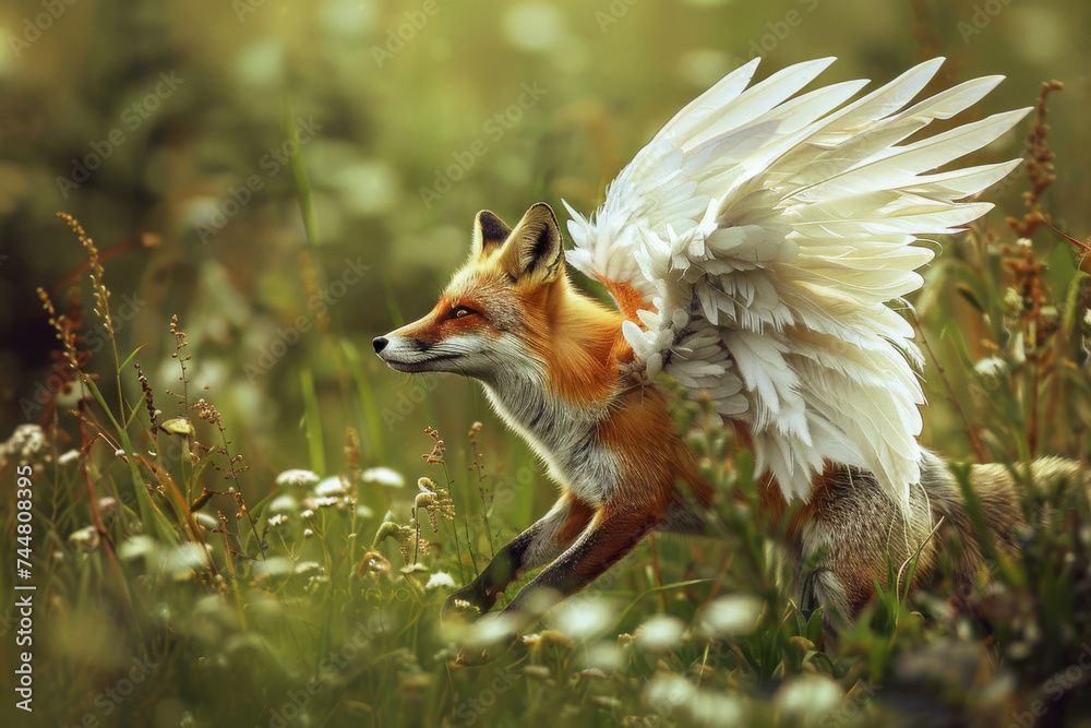 Obraz premium Beautiful Mythical Winged Fox in a Field, Bibi in Chinese Mythology. Generative AI. 