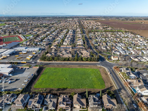 Drone photos over vacant land in a community in a community in northern California. Green space vacant land. Commercial Real Estate